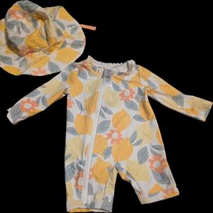 Lemon and Floral Kids Swim One Piece with Hat